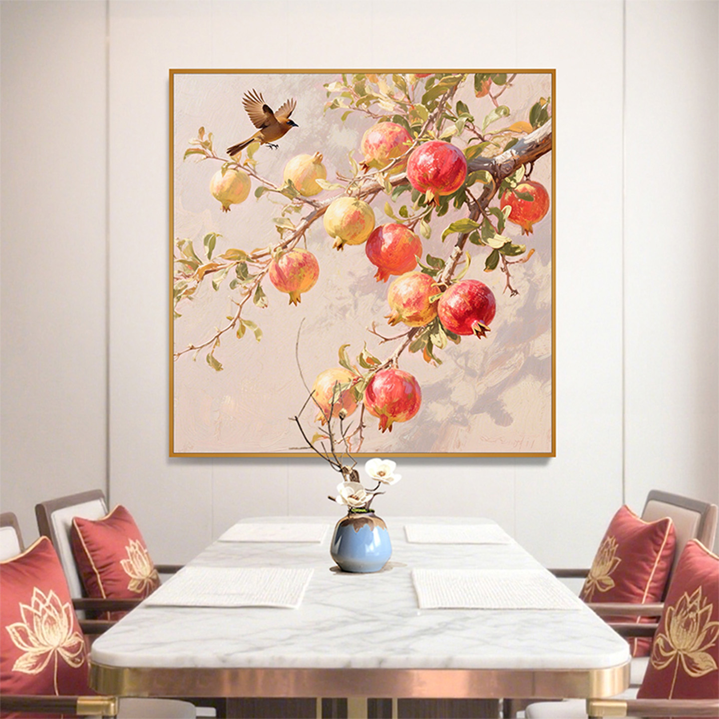 石榴装饰画餐厅挂画多子多福寓意好纯手绘油画新中式简约壁画新款