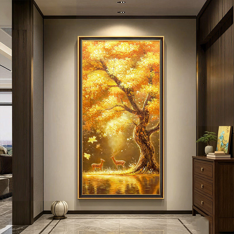 福禄发财树玄关装饰画轻奢高级感大树手绘油画小鹿挂画2026新款