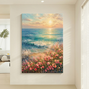 奶油风大海洋风景肌理手绘油画客厅装饰画玫瑰花日出东方玄关挂画