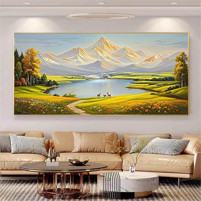 客厅装饰画日照金山聚宝盆山水画手绘风景油画现代简约轻奢挂画
