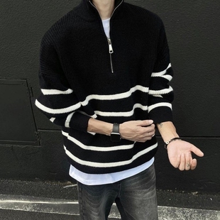 黑白条纹半拉链立领毛衣男秋季 打底上衣 潮流痞帅内搭针织线衣男士