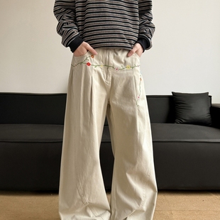 裤 刺绣花卉阔腿休闲裤 解构水洗宽松弯刀工装 街头复古美式 男春秋季