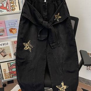 街头复古水洗宽松休闲阔腿弯刀裤 豹纹五角星刺绣绑带牛仔裤 男美式