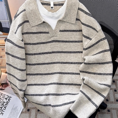 学院风撞色条纹polo领毛衣男