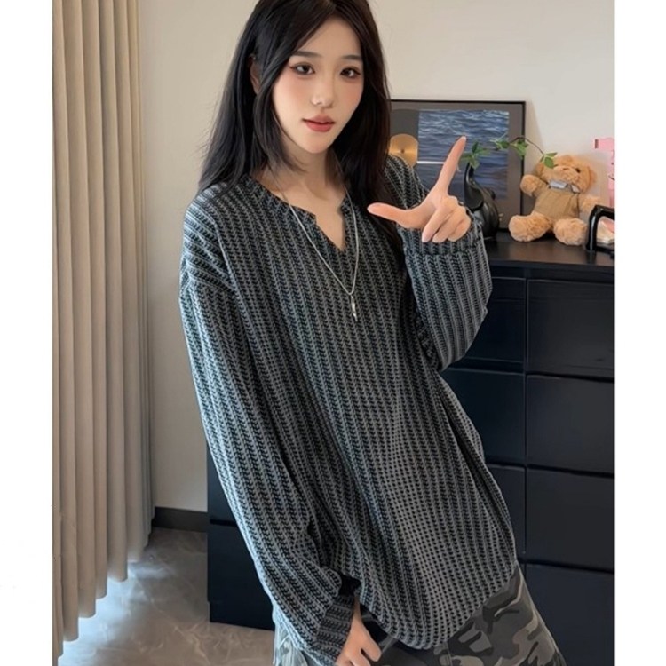 黑白拼色鱼骨纹长袖t恤男秋季美式慵懒感套头卫衣宽松内搭打底衫