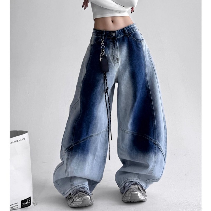 美式复古水洗渐变蓝色牛仔裤男女生宽松显瘦慵懒风阔腿弯刀休闲裤,男装,卫裤,淘宝优惠券,粉丝福利购,淘宝优惠卷