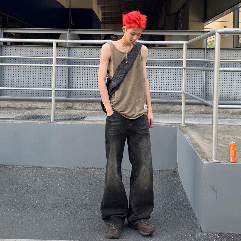 黑色水洗做旧牛仔裤男款美式高街直筒微喇裤子cleanfit宽松阔腿裤