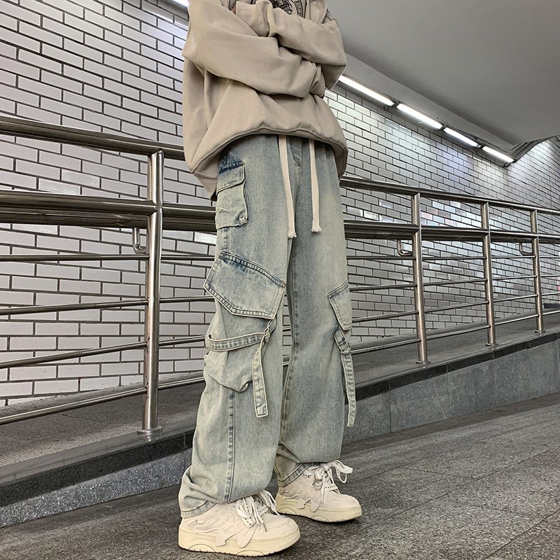 秋冬男生宽松直筒美式高街多口袋松紧阔腿工装长裤,男装,时尚防晒服,淘宝优惠券,粉丝福利购,淘宝优惠卷