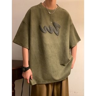 潮牌oversize宽松潮流百搭麂皮绒半袖 t恤男夏季 320g重磅短袖 美式