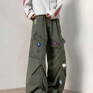美式复古军绿色花朵刺绣工装裤男女夏季新款设计感高腰直筒阔腿裤