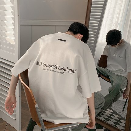 美式oversize白T恤短袖男高街复古潮牌潮流纯棉全棉重磅7七分袖夏