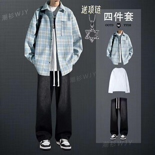 英伦雅痞子秋装夹克套装痞帅秋冬季男穿搭直筒休闲牛仔裤三件套