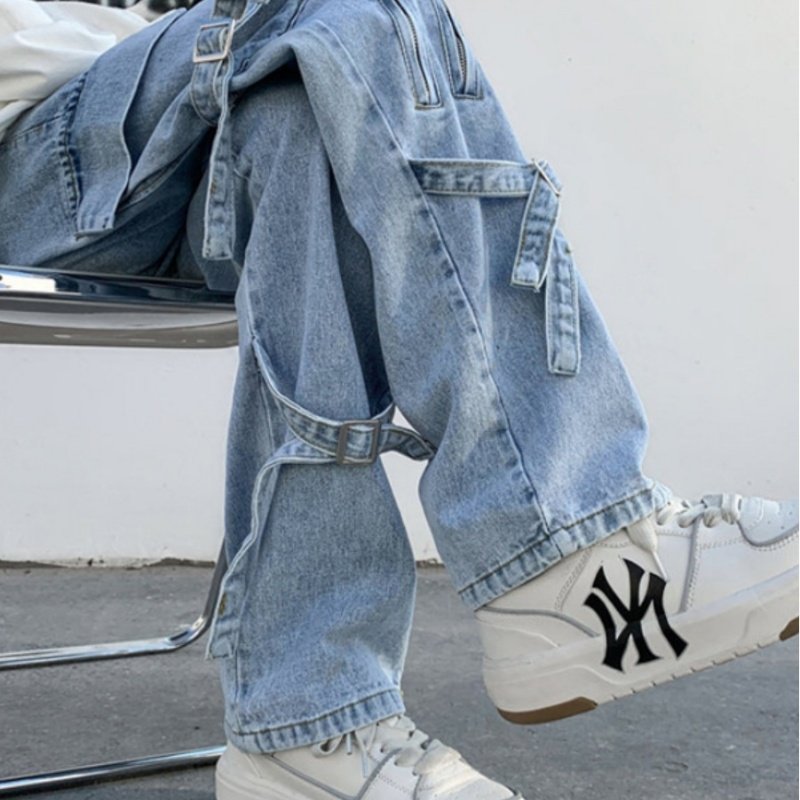 美式风裤子高街重工浅蓝色绑带牛仔裤男款微喇直筒机能工装裤秋季,男装,羽绒马甲,淘宝优惠券,粉丝福利购,淘宝优惠卷