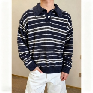 藏青色撞色条纹Polo领毛衣男款 宽松打底线衣 秋冬慵懒高级感针织衫