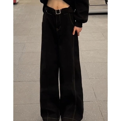 黑色丹宁水洗弯刀牛仔裤男款