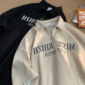 男短袖 美式 重磅半拉链夏季 华夫格polo衫 日系复古翻领宽松半袖 T恤