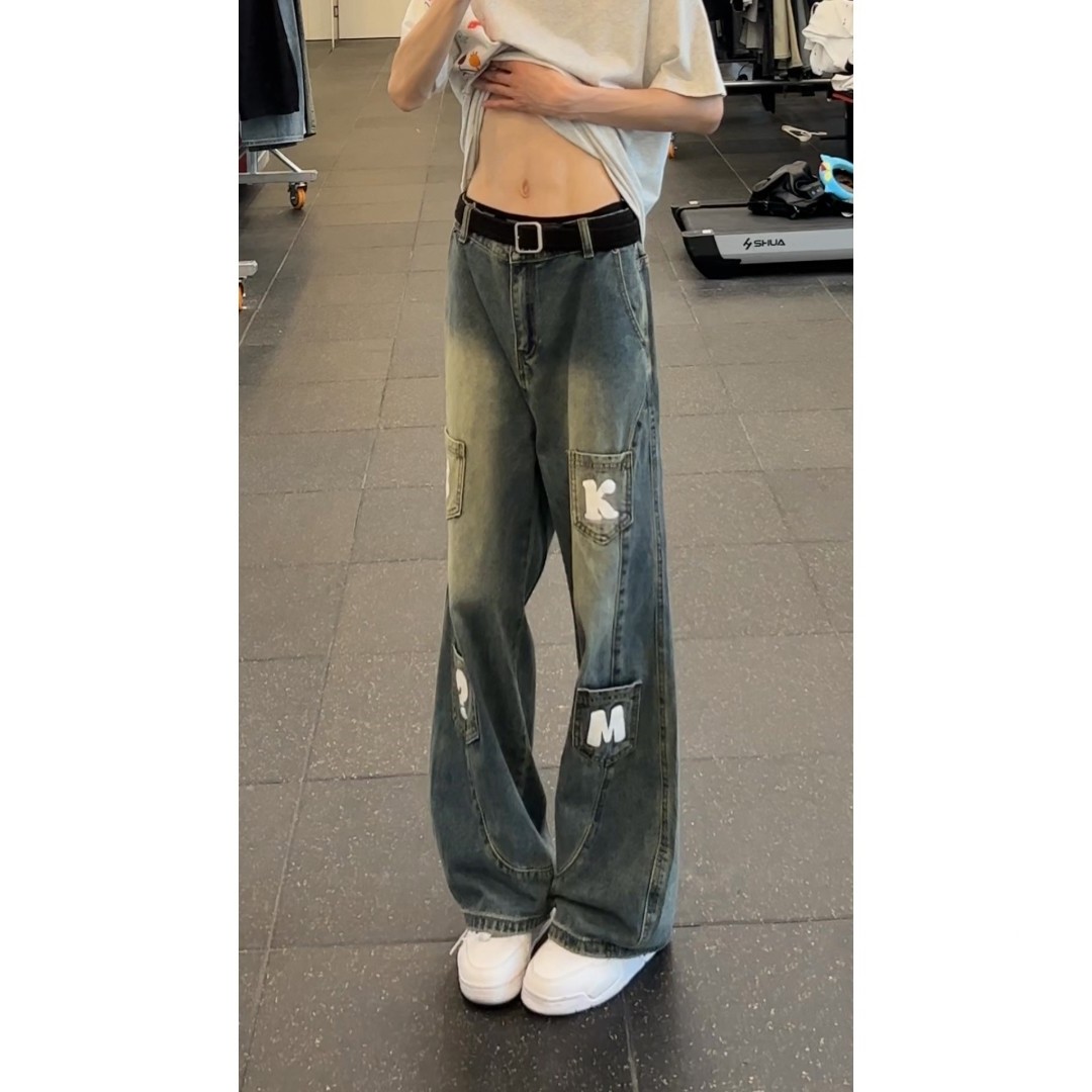 复古水洗弯刀牛仔裤男阔腿裤子