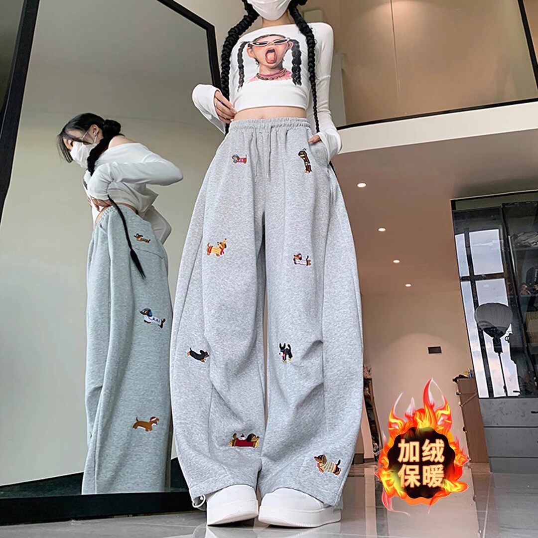 小狗刺绣加绒加厚运动卫裤