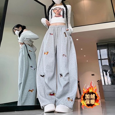 小狗刺绣加绒加厚运动卫裤