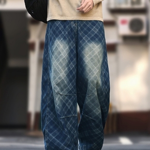 高街vintage水洗褶皱弯刀裤 美式 子 男秋季 复古做旧蓝色格纹牛仔裤