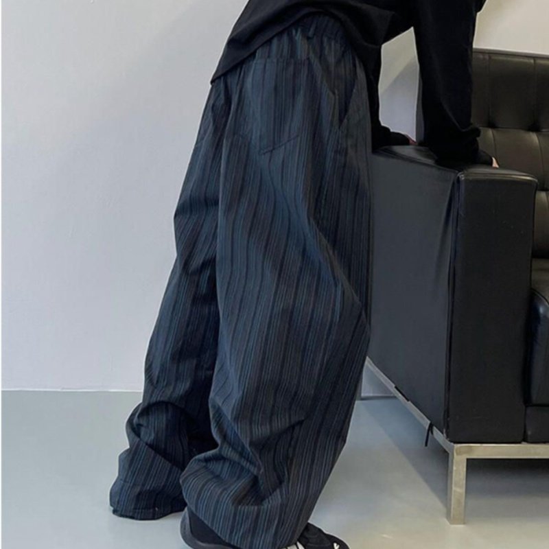 美式复古黑咖蓝竖条纹弯刀裤子
