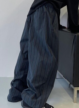 美式复古黑咖蓝竖条纹弯刀裤子宽松bf阔腿休闲裤vibe风香蕉直筒裤