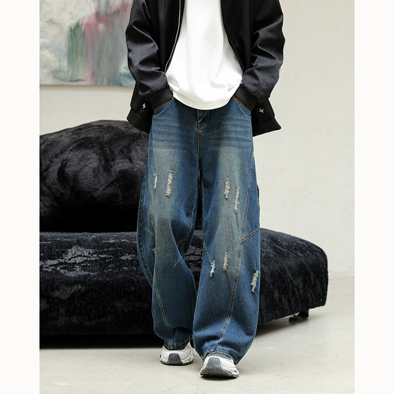美式复古破洞拼接弯刀牛仔裤男宽松解构伐木工装裤拖地直筒阔腿裤,男装,卫裤,淘宝优惠券,粉丝福利购,淘宝优惠卷