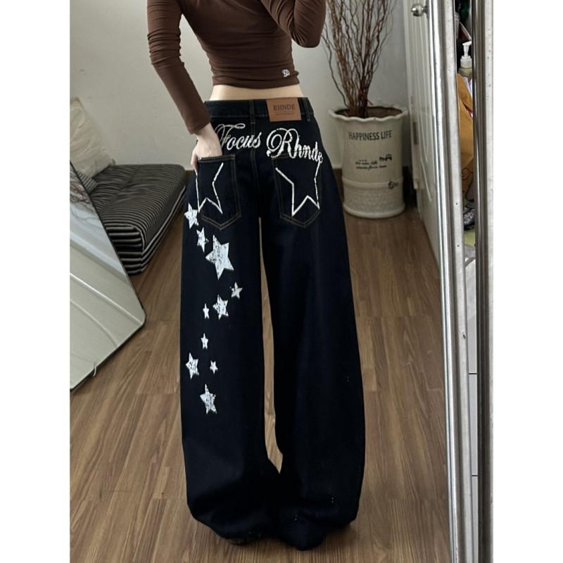 高街vintage星星印花弯刀牛仔裤男春季宽松阔腿拖地黑色baggy长裤,男装,卫裤,淘宝优惠券,粉丝福利购,淘宝优惠卷