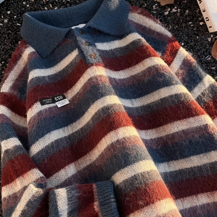 学院风氛围感条纹Polo领毛衣