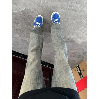 美式复古闪电纹牛仔裤男生秋季