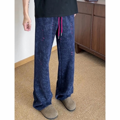 藏蓝色破洞扎染裤子男款