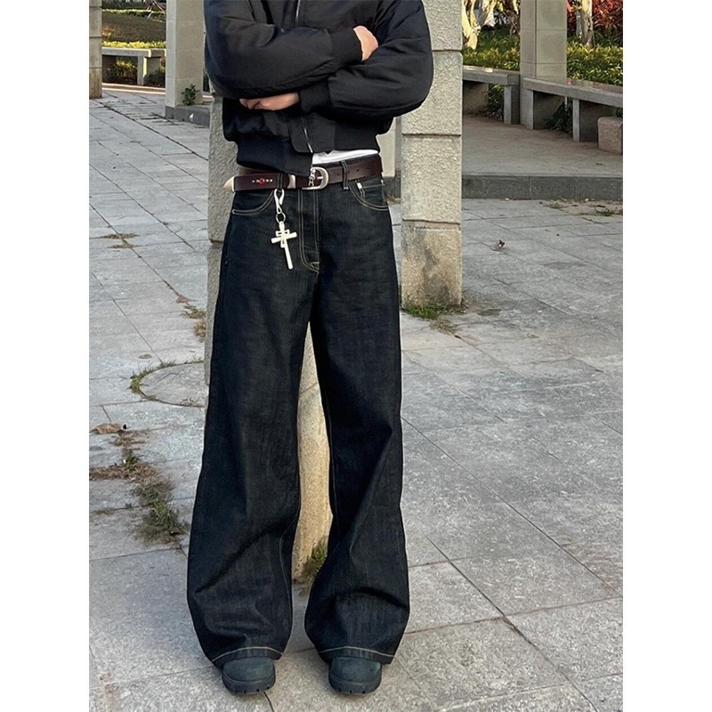 原牛黑痞帅复古阔腿牛仔裤