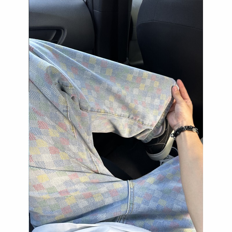 韩系彩色格子牛仔裤男款直筒cleanfit裤子高街vibe潮牌情侣休闲裤