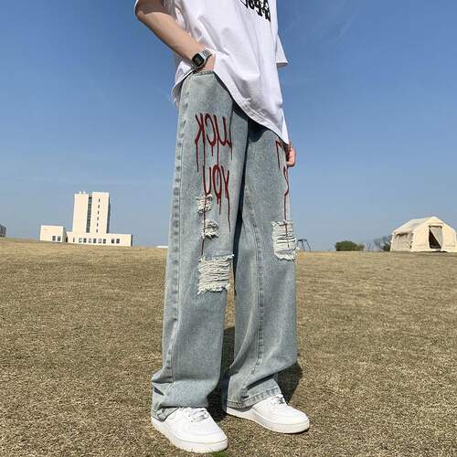 美式hiphop破洞牛仔裤男夏季