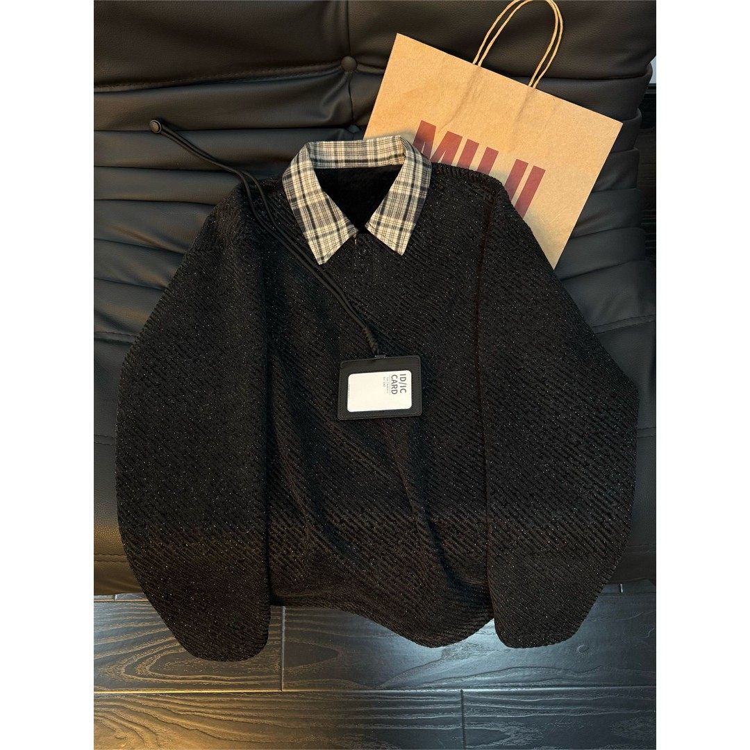 拼接假两件加绒针织卫衣男款秋冬小香风polo衫长袖t恤内搭打底衫