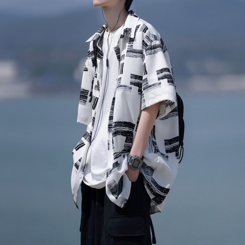 格子印花短袖衬衫男夏季