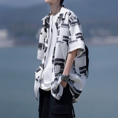 格子印花短袖衬衫男夏季