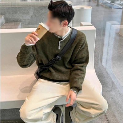 墨绿色编织感亨利领针织衫外套