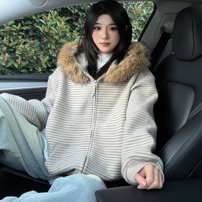 条纹毛领连帽卫衣男秋冬季