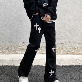 高街美式复古十字架黑色牛仔裤男潮牌痞帅嘻哈宽松微喇叭vibe裤子