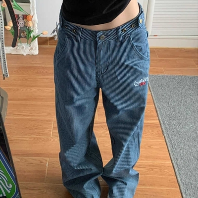 美式复古竖条纹牛仔裤男款