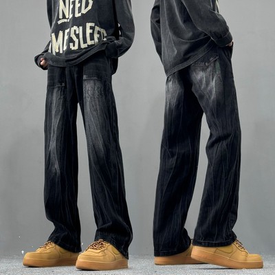 纯黑美式复古闪电纹牛仔工装裤