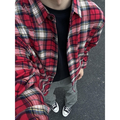 红色格子衬衫男夏季新款