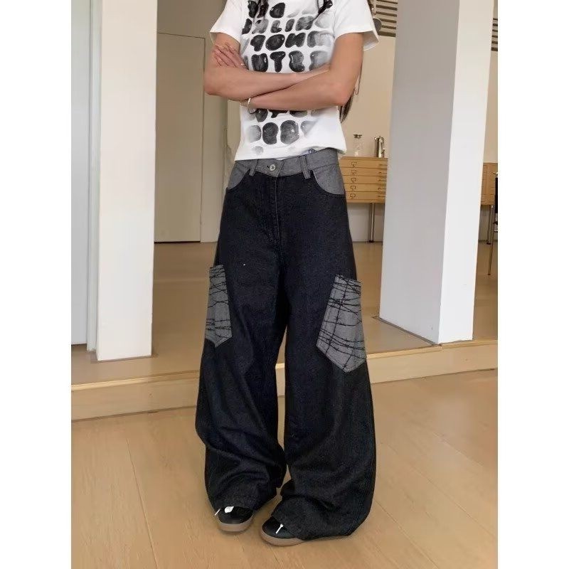 美式复古水洗拼接撞色口袋牛仔裤男女秋冬季新款显瘦直筒阔腿裤子,男装,卫裤,淘宝优惠券,粉丝福利购,淘宝优惠卷