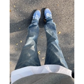 男生款 春秋季 美式 浅蓝色微喇弯刀牛仔裤 高街cleanfit显瘦直筒裤 子