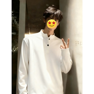 白色亨利领正肩长袖t恤男