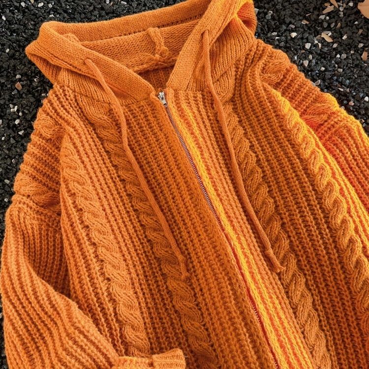 美式慵懒氛围感橘色开衫毛衣