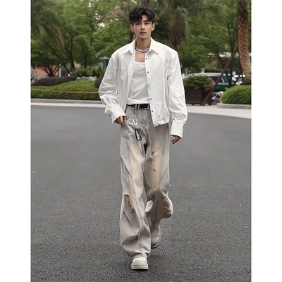 美式复古破洞牛仔裤男款夏季