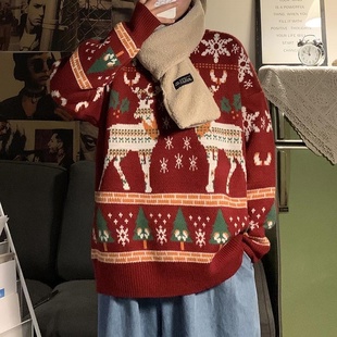 费尔岛圣诞毛衣男日系复古慵懒风高级感情侣装 线衣外套 麋鹿针织衫