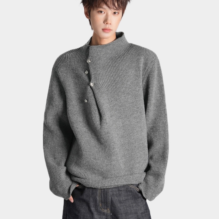 韩系斜襟纽扣半高领毛衣男